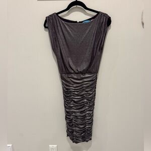 Alice + Olivia Shimmering Plum Silver Ruched Midi Dress